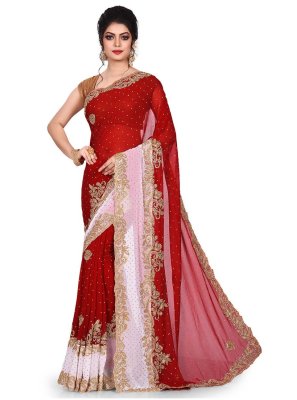 Designer Traditional Saree Embroidered Faux Georgette in Red