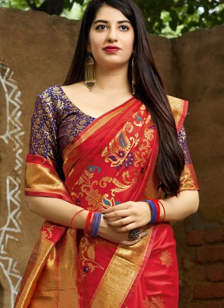 Designer Traditional Saree Machine Embroidery  Art Banarasi Silk in Red