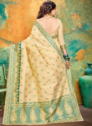 Designer Traditional Saree Weaving Art Silk in Cream and Firozi