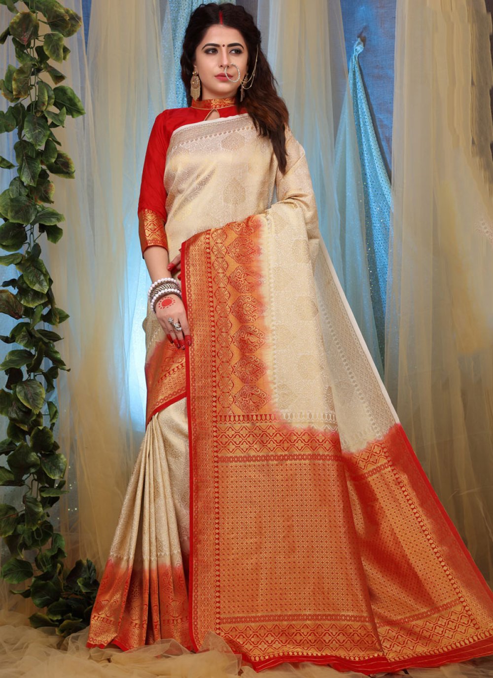 Designer Traditional Saree Weaving Fancy Fabric in White