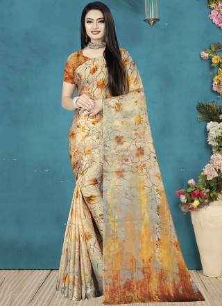 Digital Print Brown Satin Silk Traditional Saree