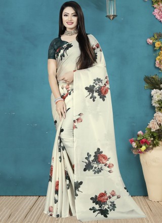 Digital Print Satin Silk Traditional Saree in Off White