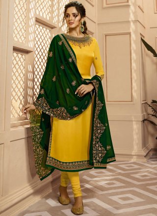 Drashti Dhami Georgette Satin Yellow Resham Designer Palazzo Suit