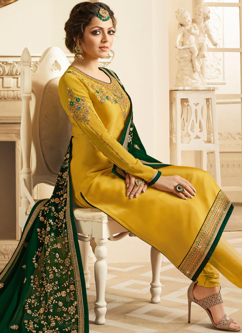 Yellow Golden Gorgeous Designer Pant Style Suit - Indian Heavy Anarkali  Lehenga Gowns Sharara Sarees Pakistani Dresses in USA/UK/Canada/UAE -  IndiaBoulevard