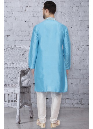 Dupion Silk Turquoise Embroidered Kurta Pyjama