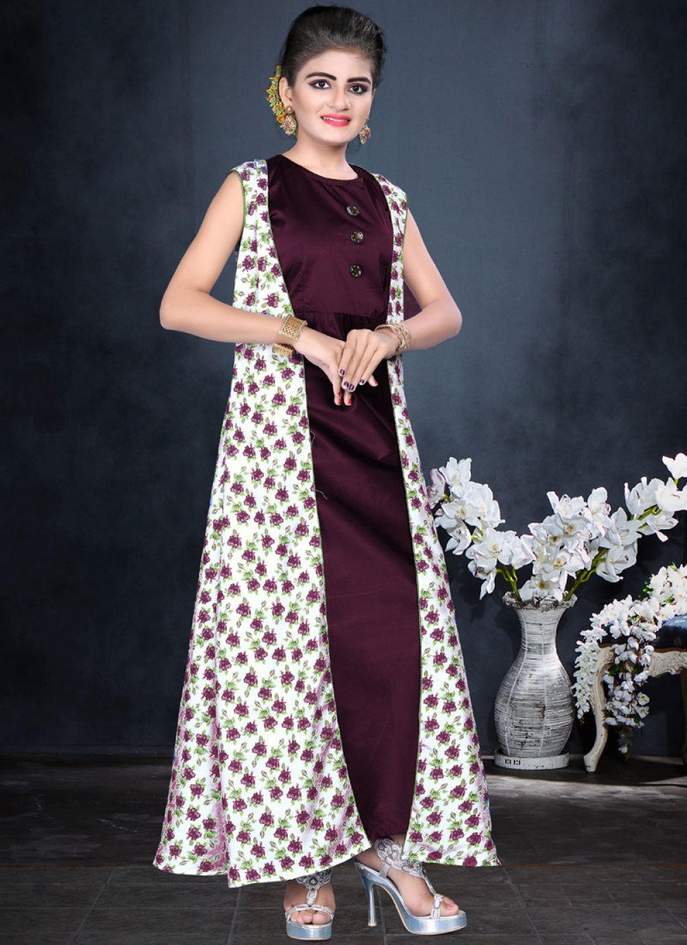 Buy Dark Maroon Cotton Sequins Event Wear Long Anarkali Gown With Koti  Online