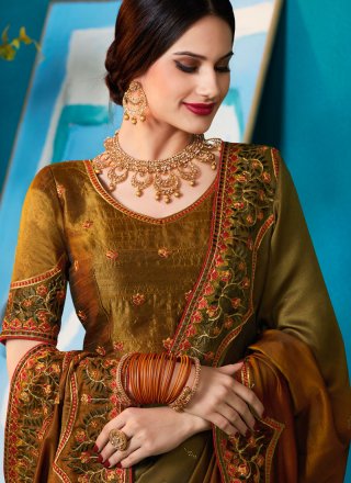 Embroidered Art Silk Brown and Green Shaded Saree