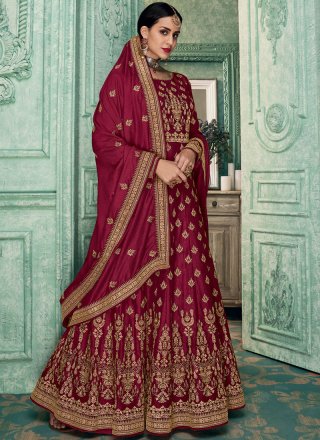 Embroidered Art Silk Floor Length Anarkali Suit in Magenta
