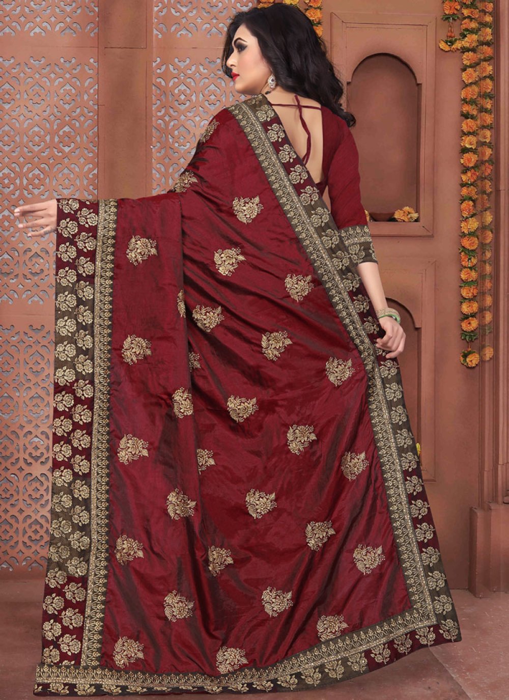 Buy Embroidered Art Silk Maroon Designer Traditional Saree : 98265