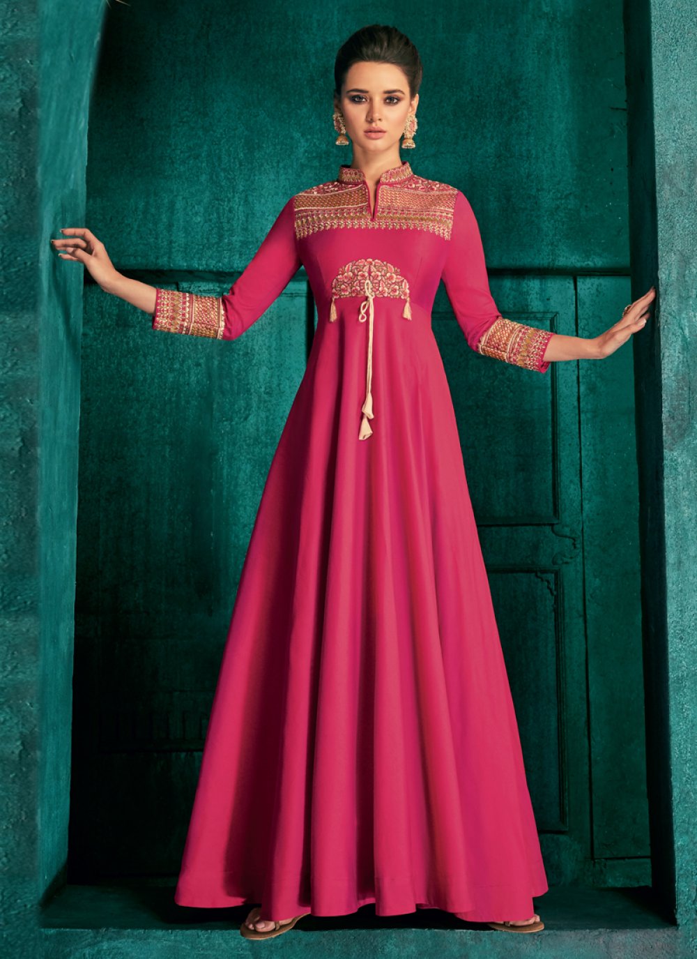 Embroidered Art Silk Readymade Gown