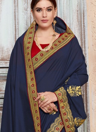 Embroidered Art Silk Traditional Saree in Navy Blue