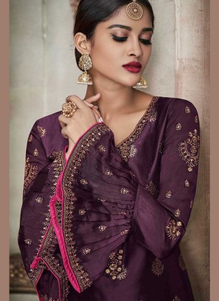 Embroidered Banglori Silk Churidar Salwar Suit in Purple