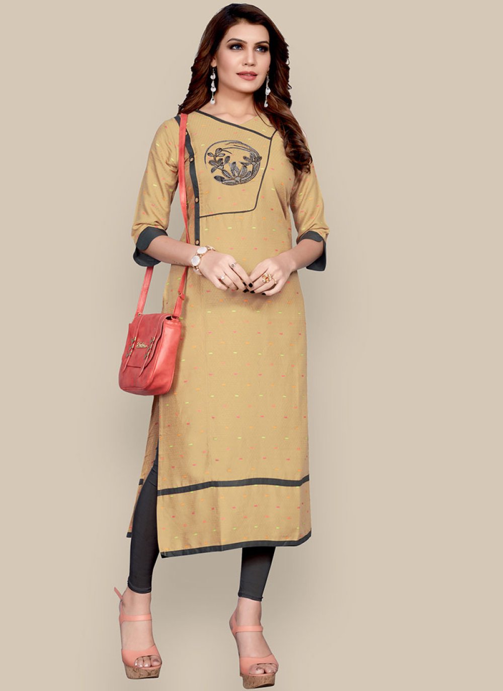 Embroidered Beige Rayon Party Wear Kurti