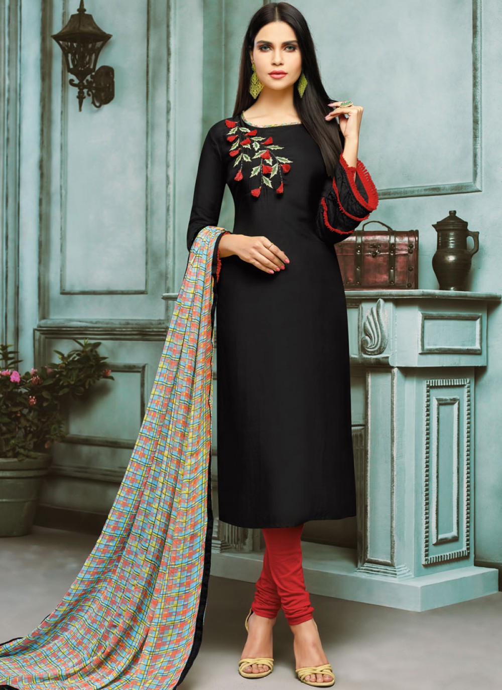 Embroidered Black Chanderi Cotton Churidar Designer Suit