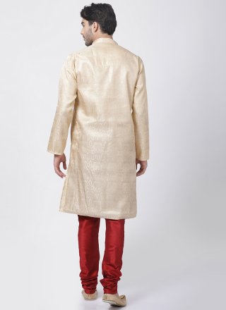 Embroidered Blended Cotton Kurta Pyjama in Gold