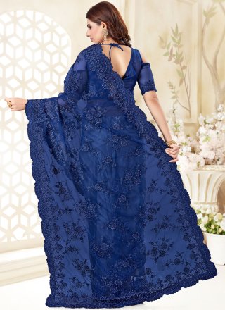 Embroidered Blue Net Classic Designer Saree