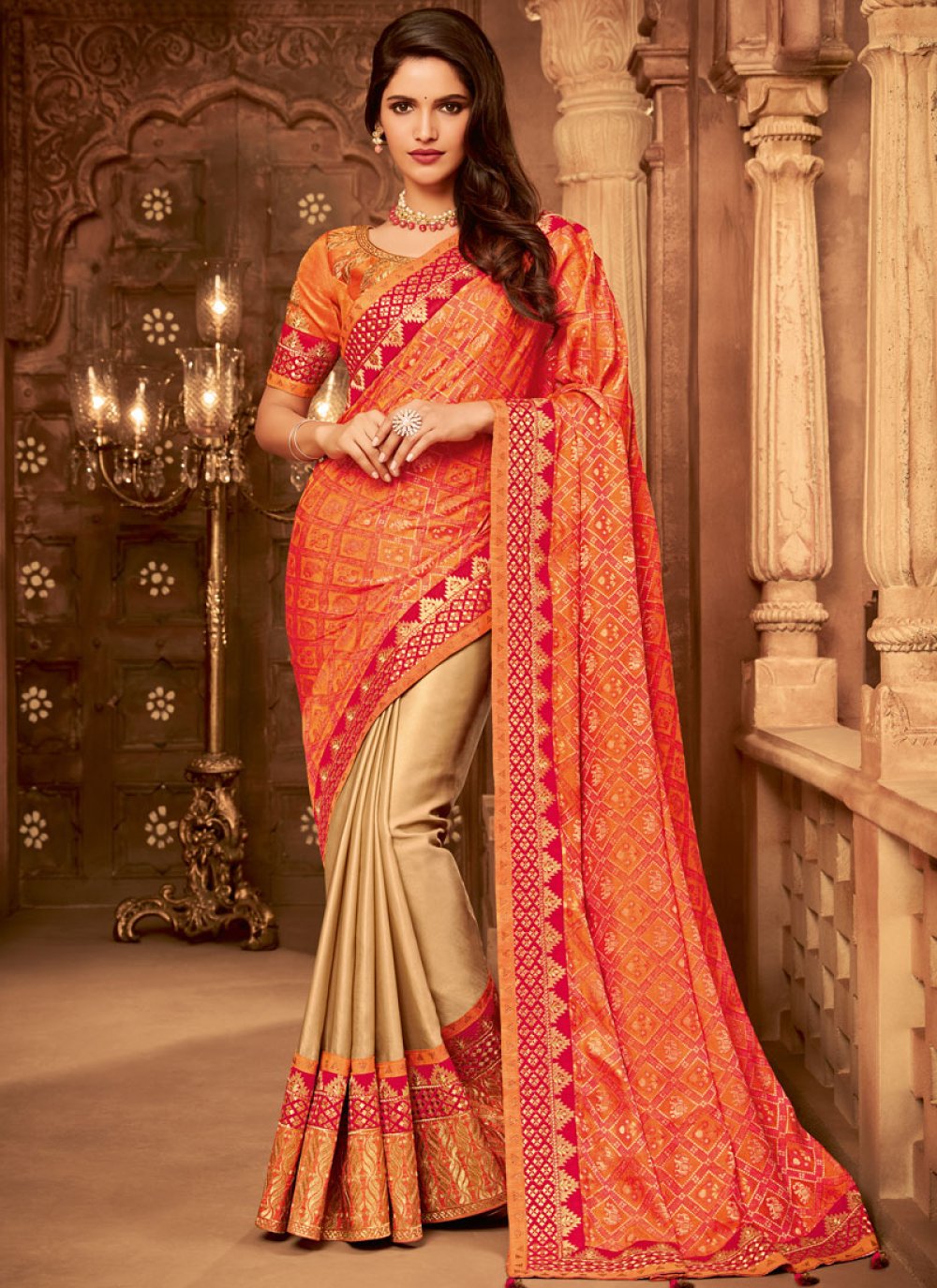 embroidered bridal half n half saree 100366