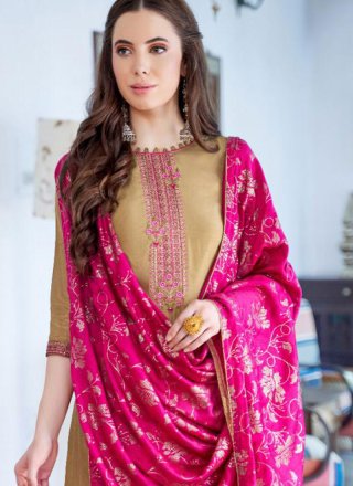 Embroidered Brown Cotton Silk Designer Pakistani Suit