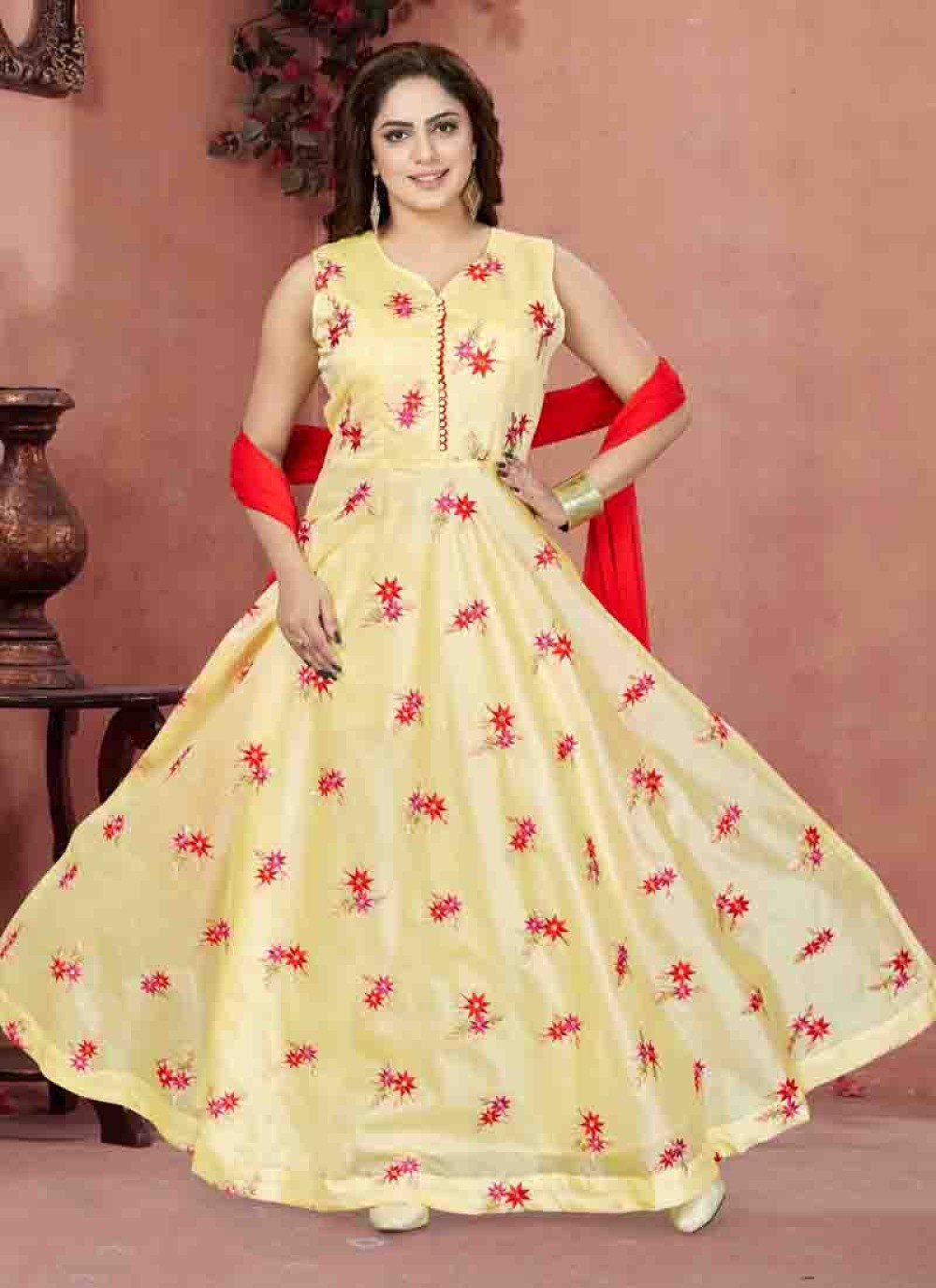 Embroidered Chanderi Readymade Anarkali Suit