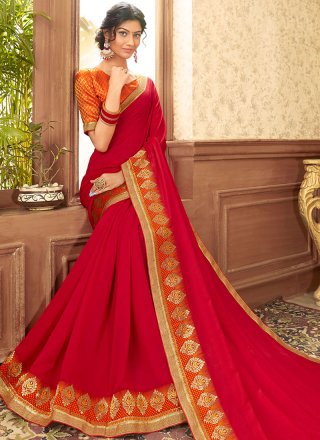Embroidered Chanderi Red Traditional Designer Saree
