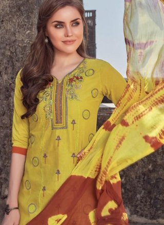 Embroidered Cotton Salwar Kameez in Yellow