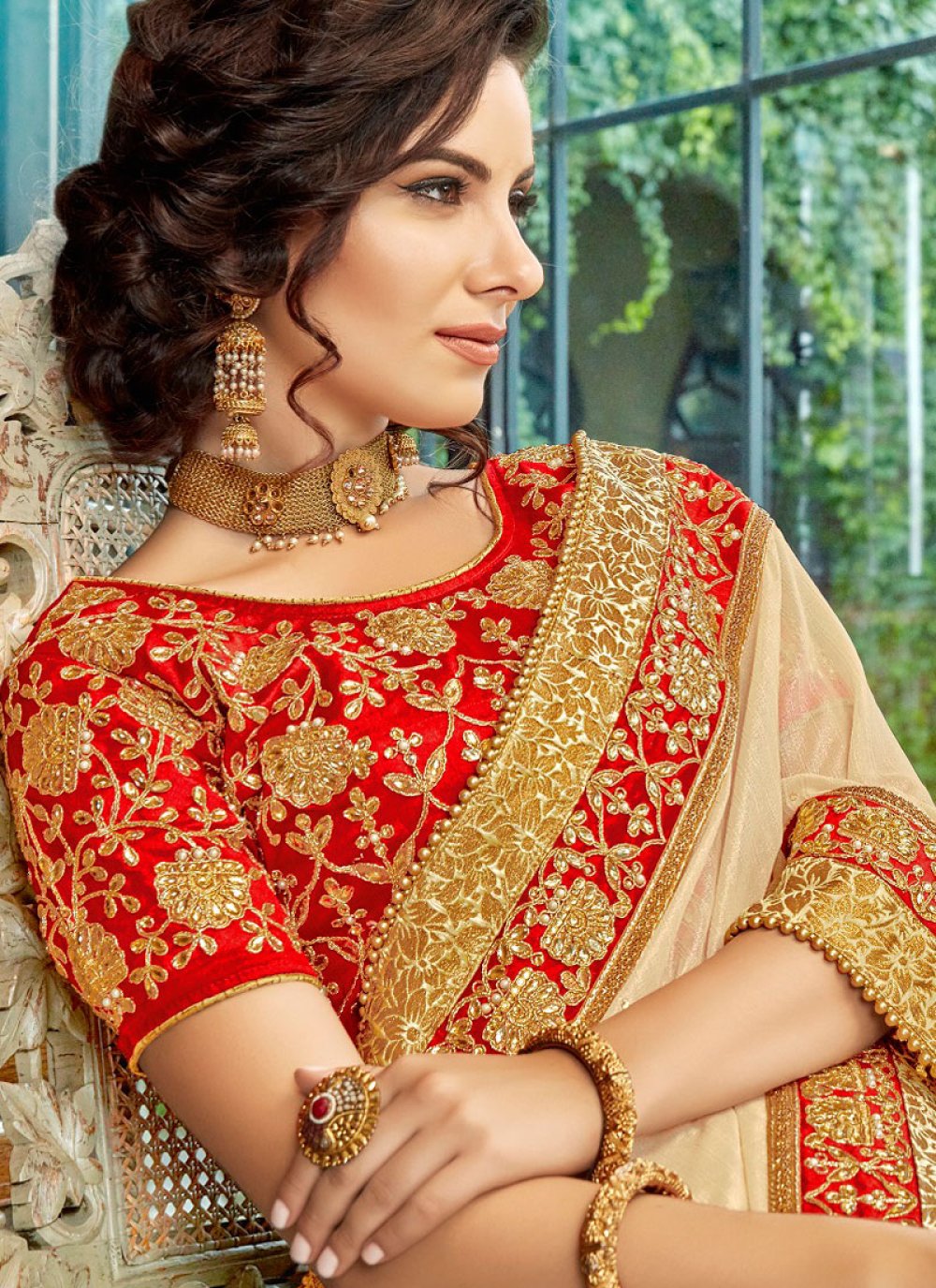 Buy Embroidered Cotton Silk Cream Traditional Designer Saree Online