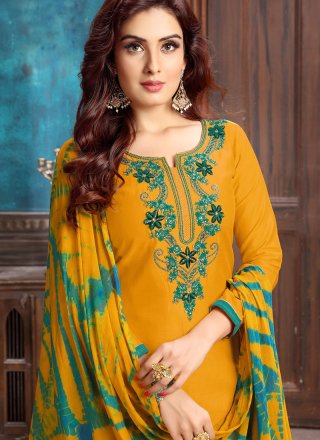 Embroidered Cotton Yellow Designer Patiala Suit