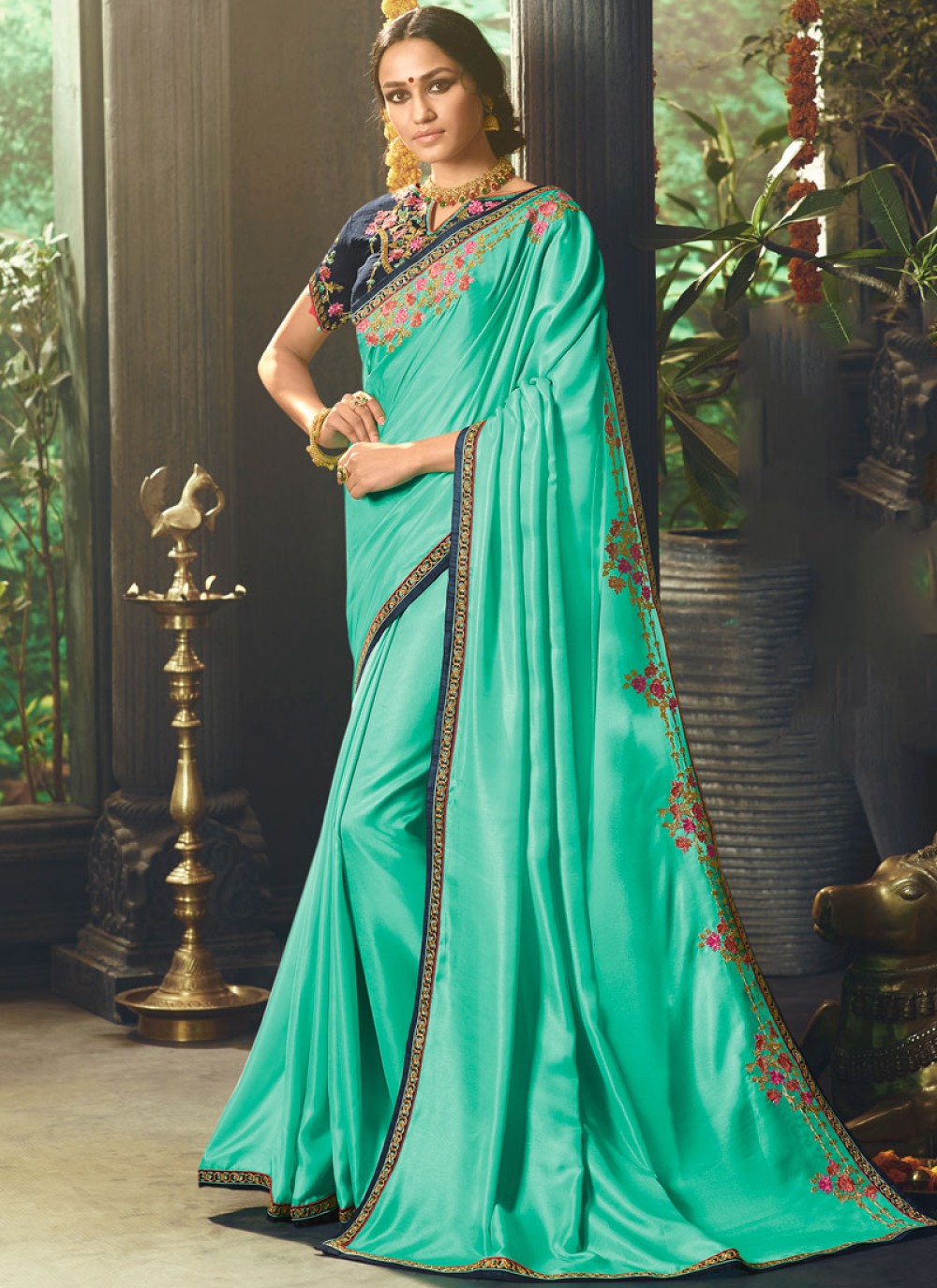 Embroidered Fancy Fabric Blue Classic Saree