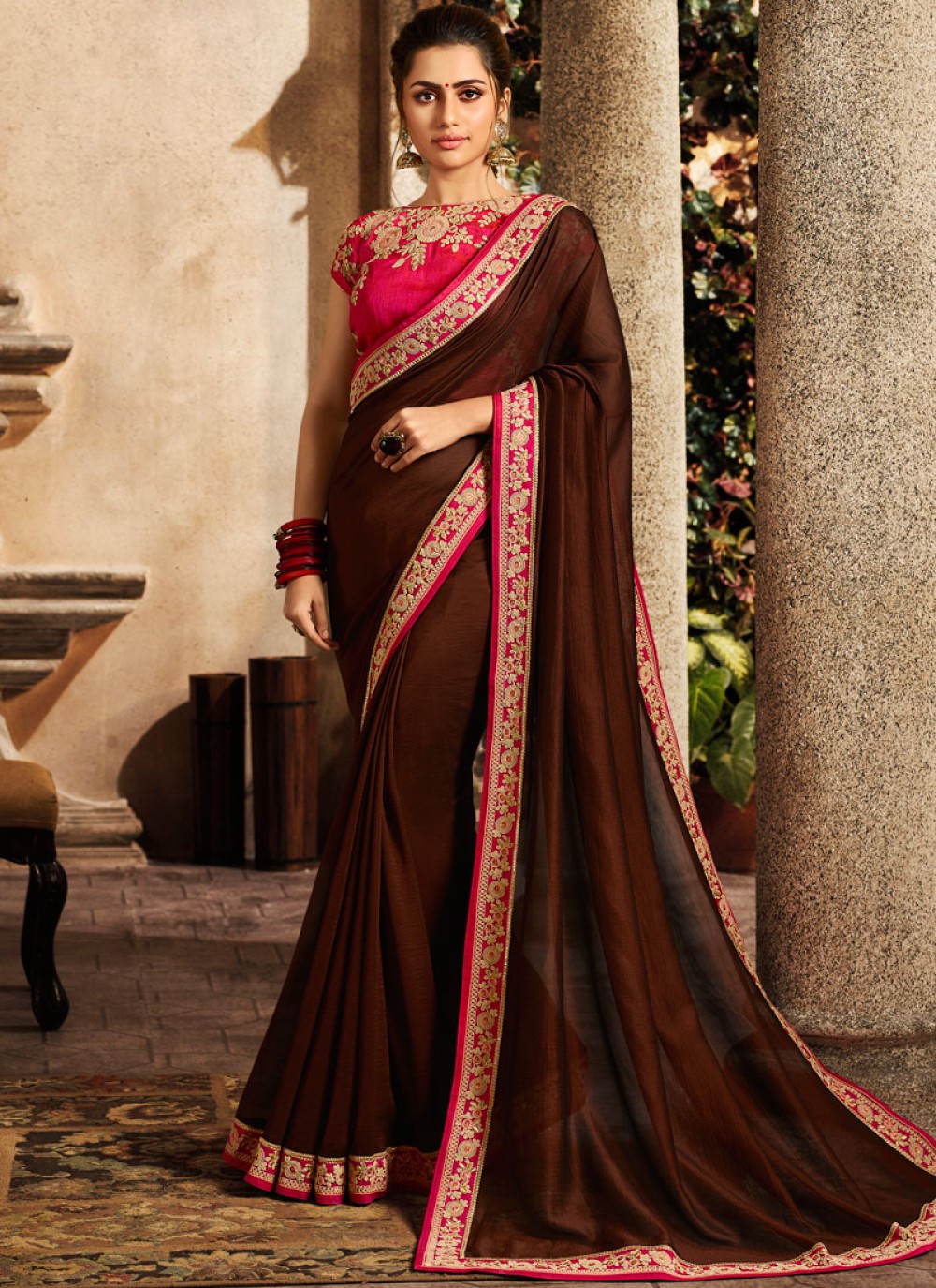 Embroidered Fancy Fabric Classic Saree in Brown