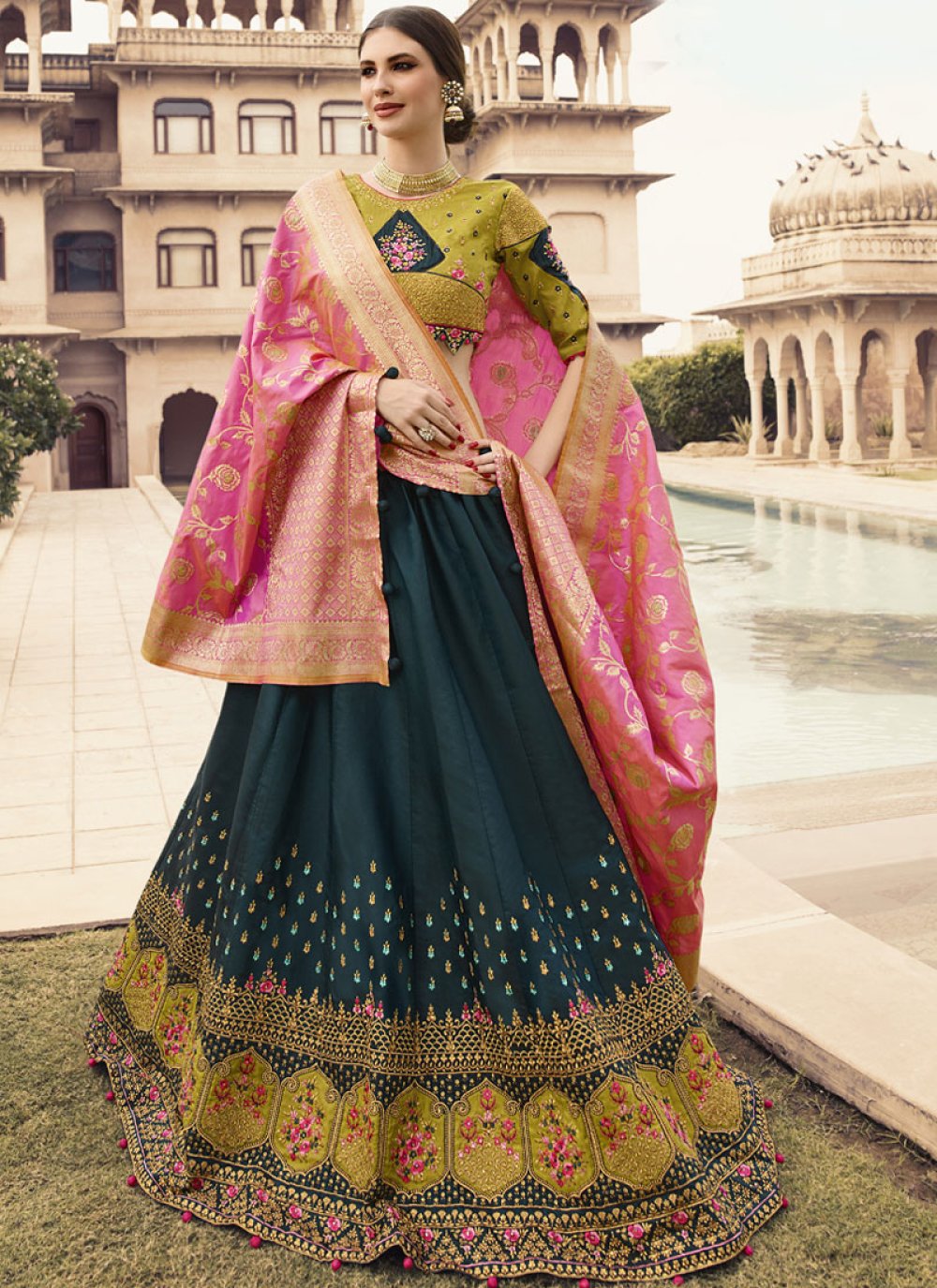 Sea Green Embroidered Satin Lehenga Choli | Lehenga choli, Satin lehenga,  Bridal lehenga online