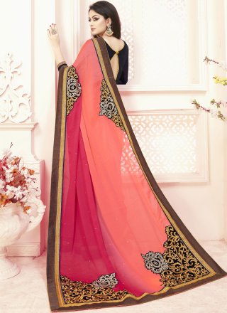 Embroidered Faux Chiffon Shaded Saree in Hot Pink