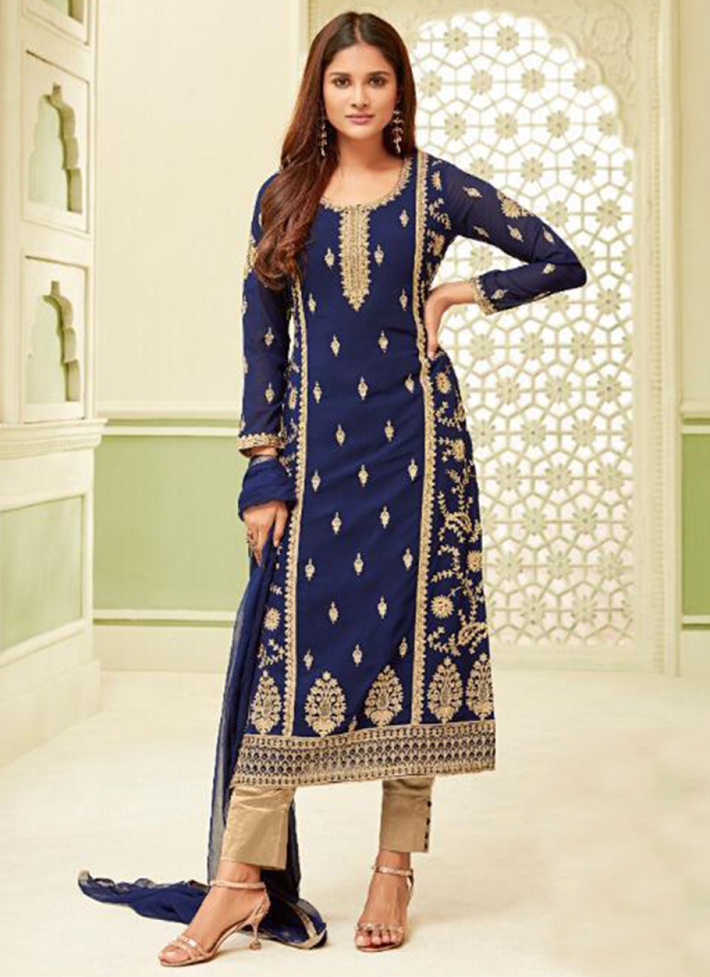 Embroidered Faux Georgette Blue Pant Style Suit