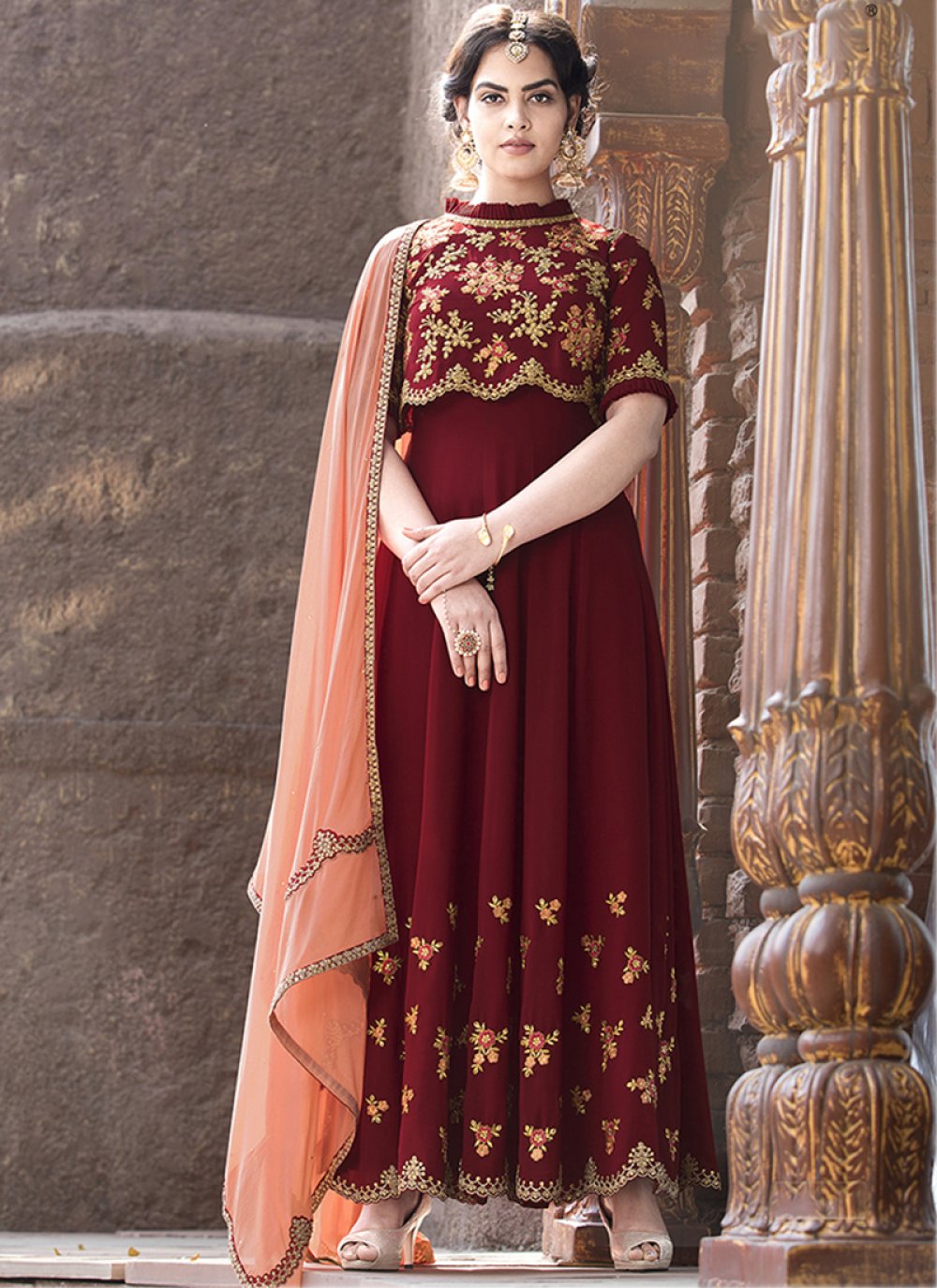 Embroidered Faux Georgette Floor Length Anarkali Suit in Red