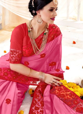 Embroidered Faux Georgette Pink Classic Designer Saree