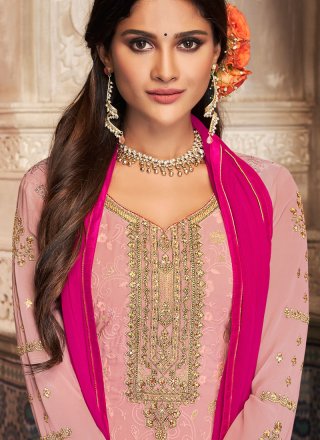 Embroidered Georgette Churidar Salwar Kameez in Pink