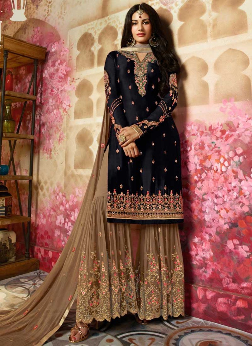 Embroidered Georgette Satin Black Designer Pakistani Suit