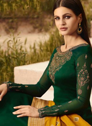 Embroidered Georgette Satin Designer Straight Suit in Green