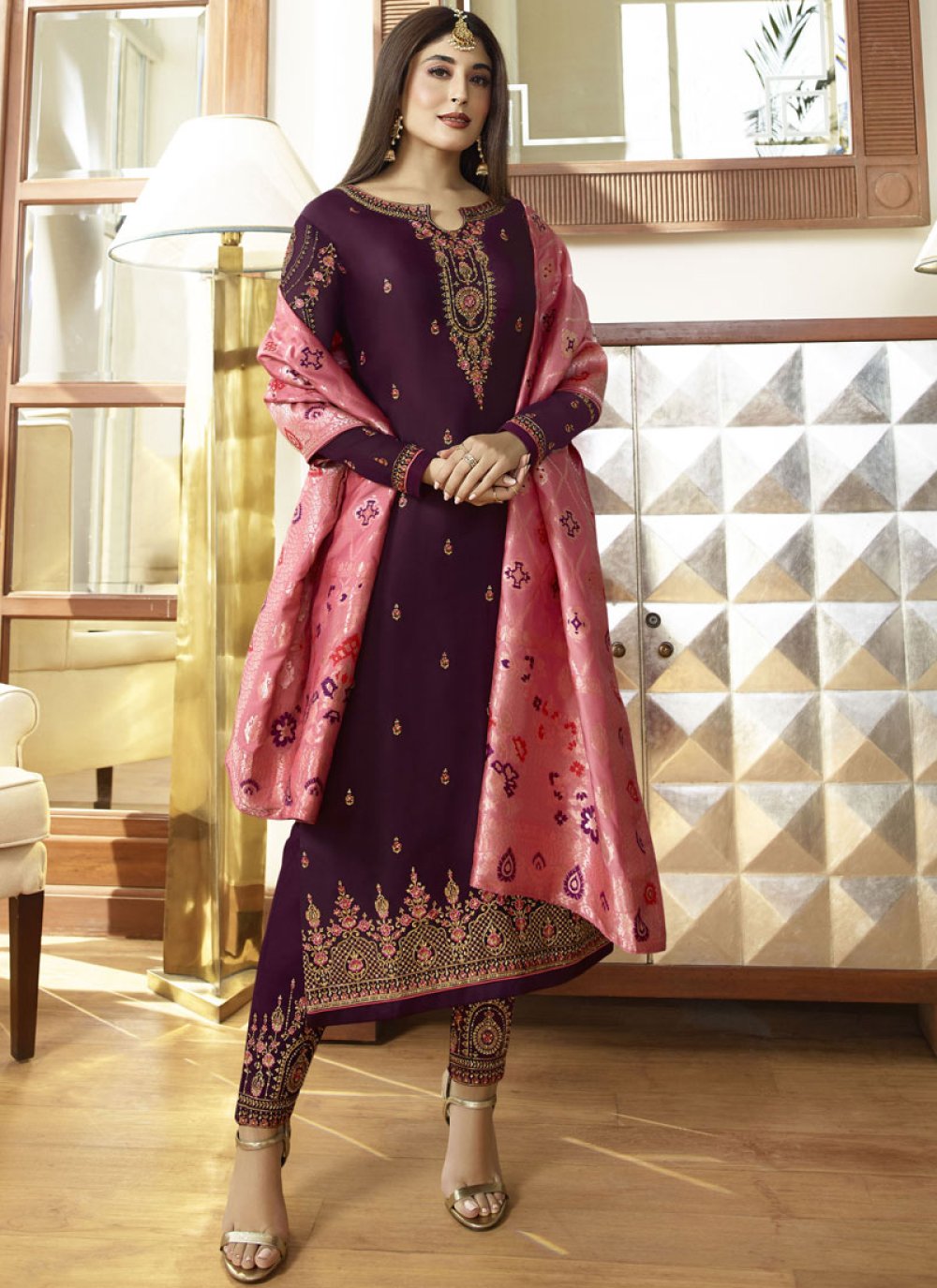 Embroidered Georgette Satin Pant Style Suit
