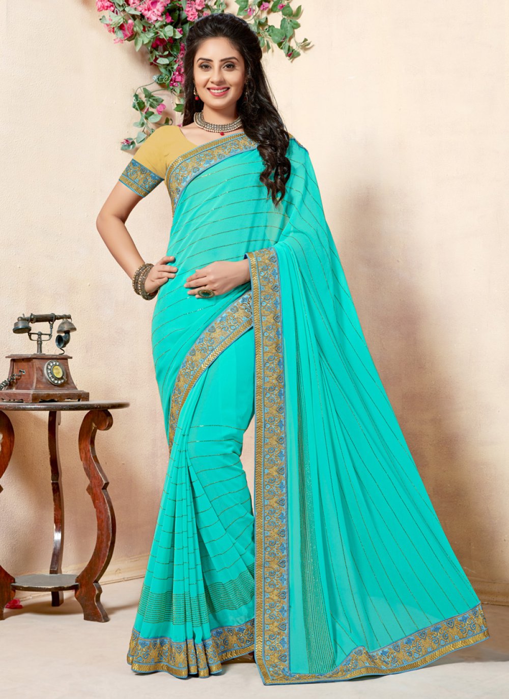 Shop Embroidered Georgette Turquoise Classic Saree Online 97689