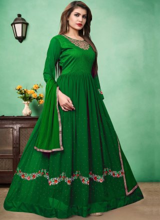 Embroidered Green Faux Georgette Floor Length Anarkali Suit