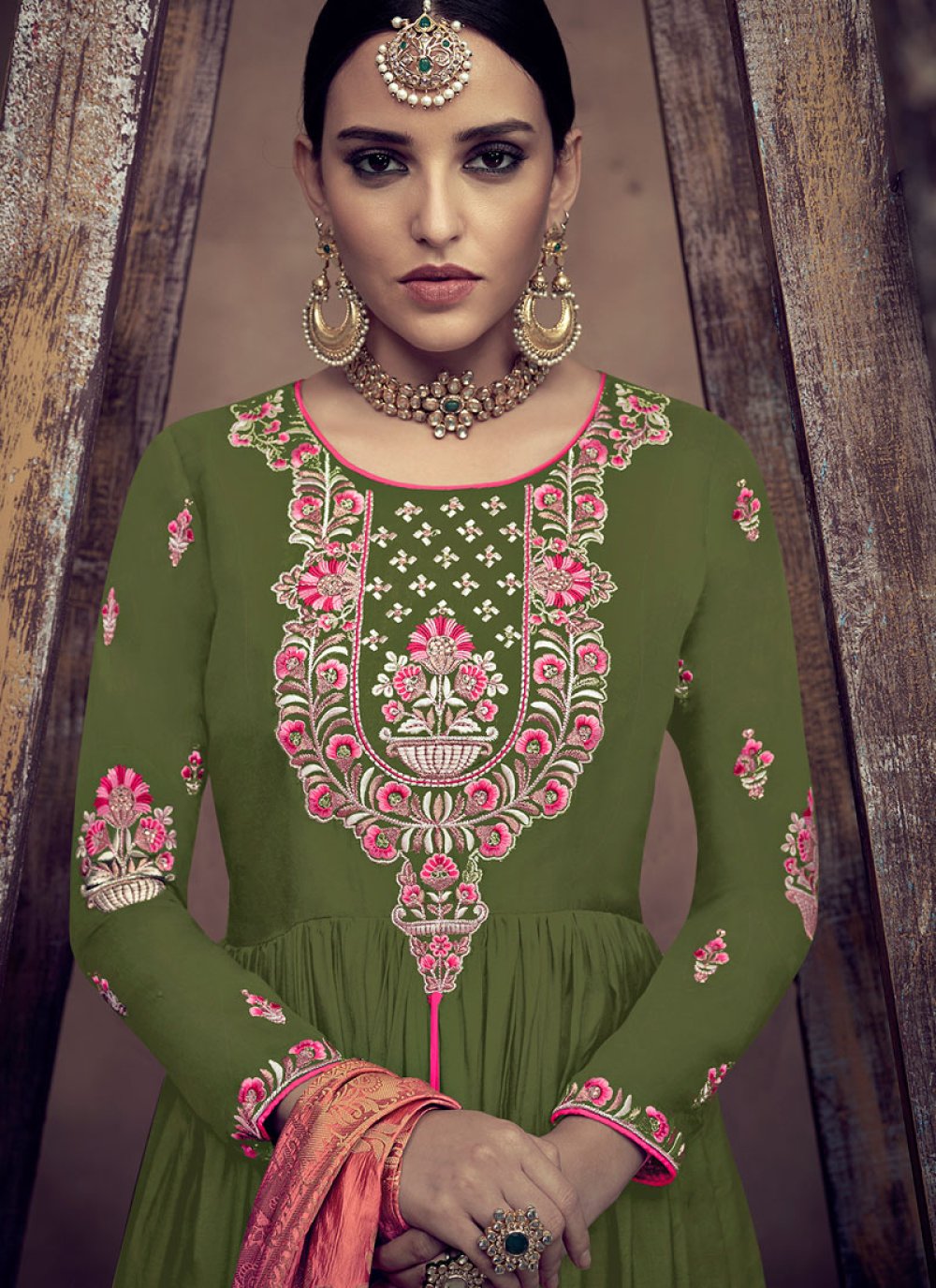 Embroidered Green Rayon Readymade Anarkali Suit buy online