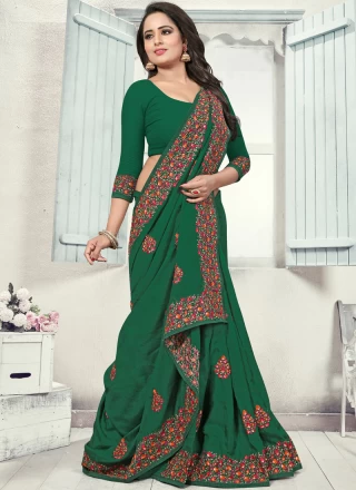 Embroidered Green Silk Silk Saree