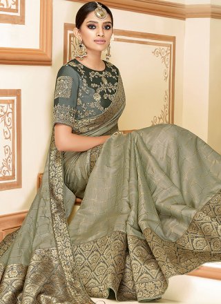 Embroidered Grey Silk Classic Designer Saree