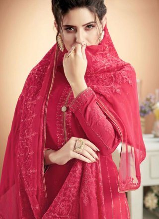 Embroidered Hot Pink Muslin Designer Palazzo Suit