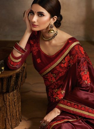 Embroidered Maroon Fancy Fabric Classic Saree