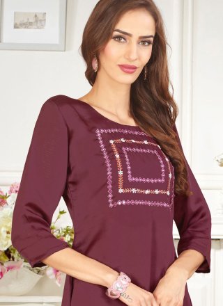 Embroidered Maroon Fancy Fabric Party Wear Kurti