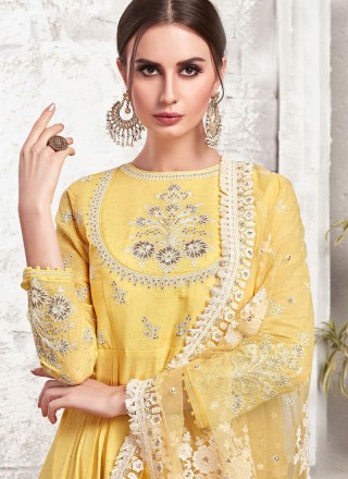 Embroidered Maslin Cotton Designer Gown in Yellow