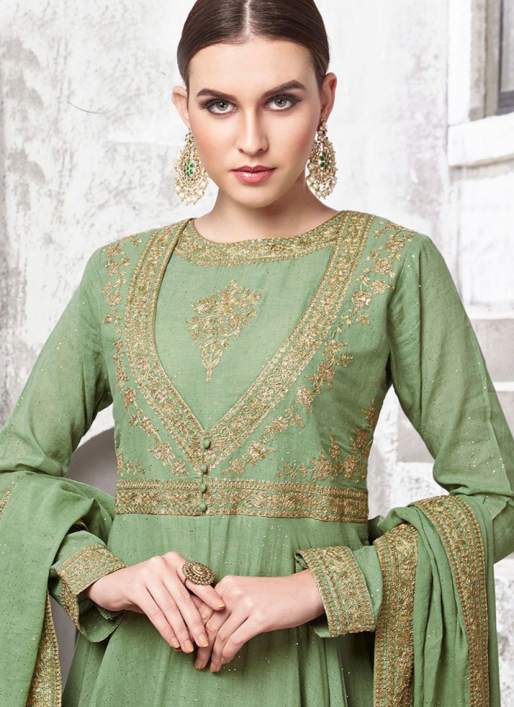 Buy Embroidered Maslin Cotton Readymade Trendy Gown in Green : 119236