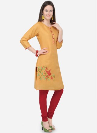Embroidered Mustard Cotton Satin Party Wear Kurti