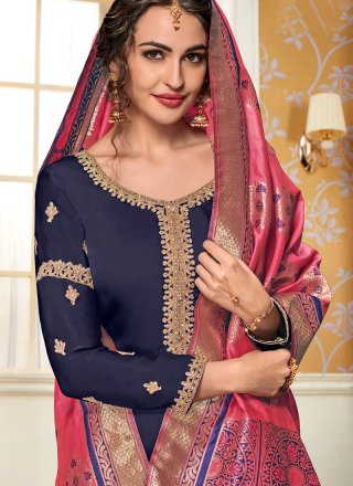 Embroidered Navy Blue Georgette Satin Pant Style Suit